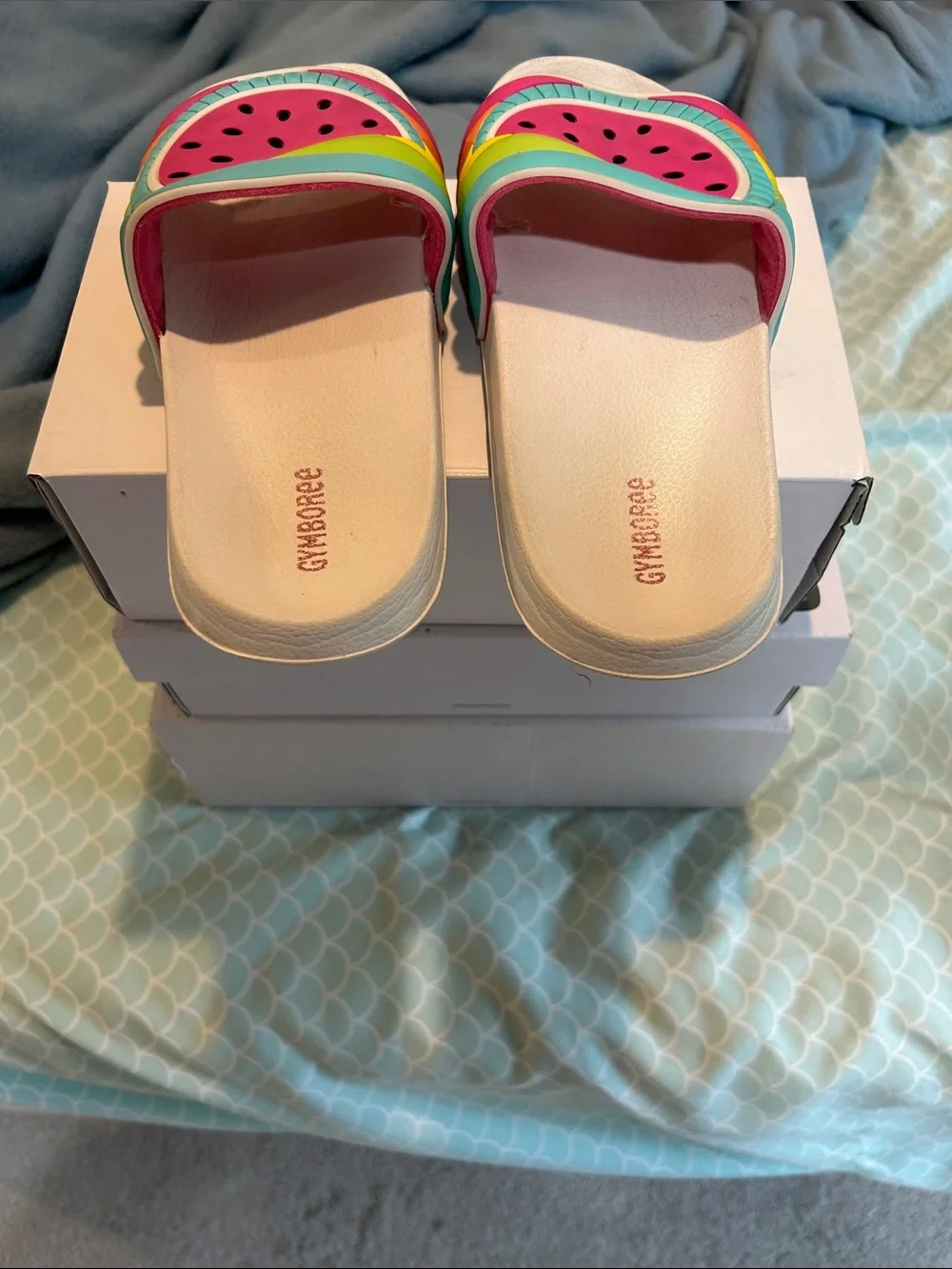 Girls White Slide Sandals with Colorful Watermelon Detail